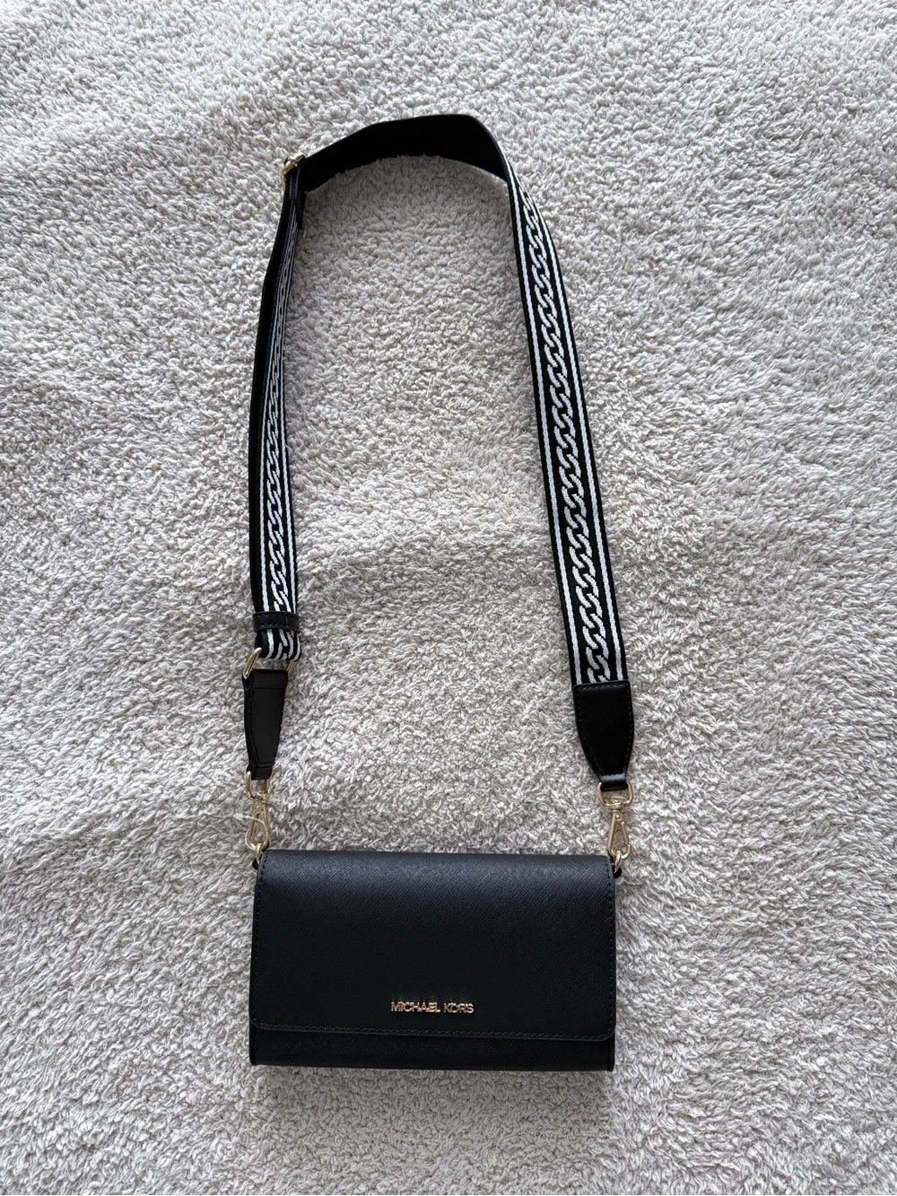 Michael Kors Black Crossbody with Woven Black-and-White Strap